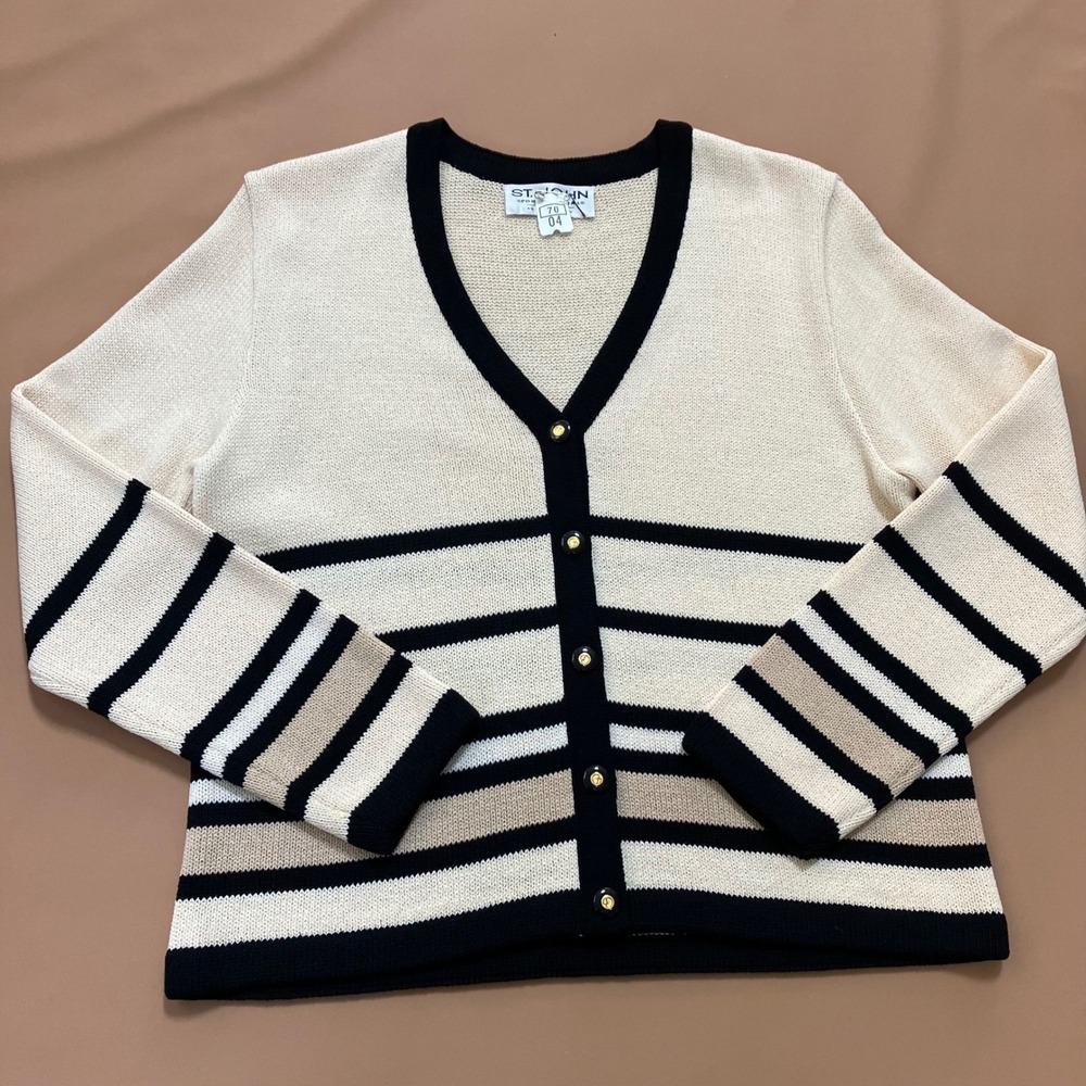 St John Sport‎ Essentials Knit Cardigan Sweater Stripe Beige Black Gold Button M